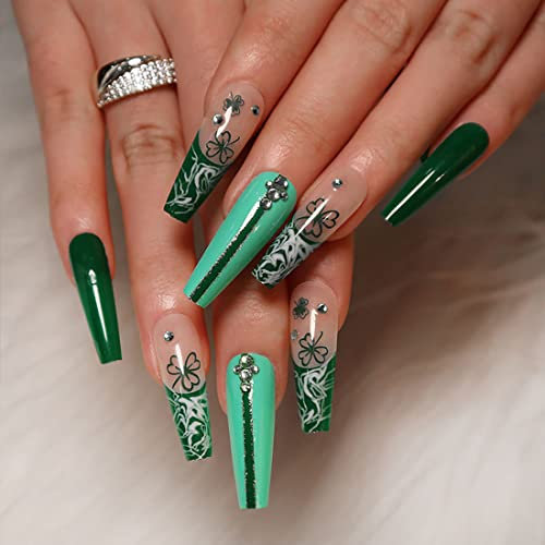 24 PCS Long Coffin Press on Nails Green Clover Fake Nails Rhinestone False Nails Lines Glitter False Nails Glossy Fake nails Daily Fake Nails for Women and Girls