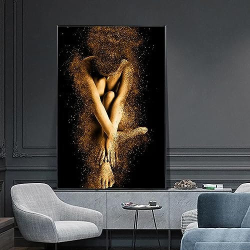 Giclée-gerahmte Leinwanddrucke, goldenes Pulver, nackte Frau, Malerei, sexy Poster, Drucke, Wandkunst, moderne Bilder für Wohnzimmer, 50 x 70 cm Innenrahmen
