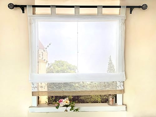 Devola Raffrollo mit Schlaufen Voile Raffrollo Raffgardinen Modern Wohnzimmer Transparent Gardinen mit Stickerei Schlaufenrollo Küche HxB 100x80cm Sand 1 Stück