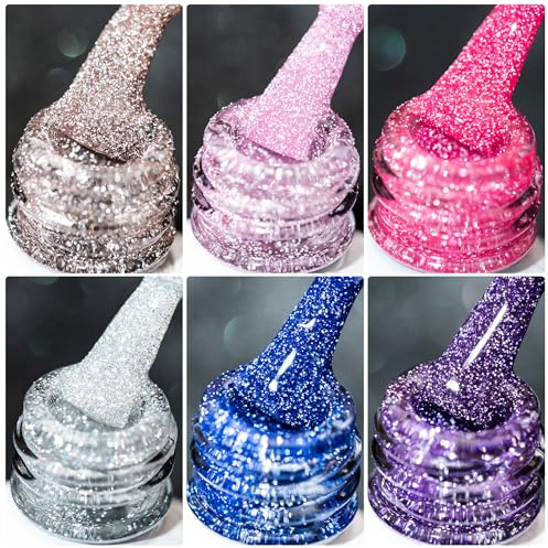 BURANO Reflective Glitter UV Gel Nail Polish 6 PCS Set Holographic Gel | Green Purple Pink Silver Orange Sparkle Holographic Glitter Gel Nail Polish for DIY Home UV Lamp Required 6 Bottles