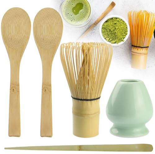 SIYINGSAERY Matcha Tea Set 5 PCS Matcha Green Tea Whisk Set Matcha Ceremony Accessory Including Ceramic Tea Whisk Holder, Bamboo Whisk, Tea Spoon, Matcha Stirrer for Tea Ceremony Tea Drinking
