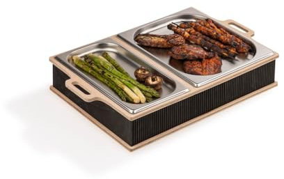 INEXTERIOR Hotty Legacy – Warmhalteplatte fürs Grillen - Grillgut Stövchen mit BBQ-Design – Speisenwärmer – Warmhaltebehälter mit Kerzen - BBQ-Board Grillparty (Schwarz, L)