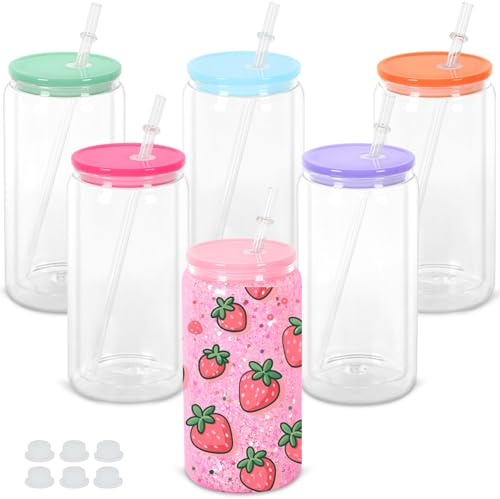 Maucircol Lot de 6 gobelets en verre de sublimation pré-percés pour boule à neige pailletée avec couvercle coloré, 473,6 g, gobelet en verre de sublimation à double paroi