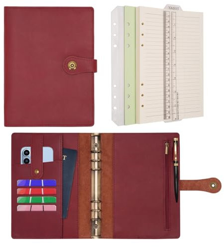 Wonderpool Ringbuch Notizbuch A5 Nachfüllbar Leder Tagebuch Organizer Binder Ordner mit Taschen Liniertes Papier Stift für Büro Schule Geschäft Reisen Planung Schreiben (Weinrot,A5)