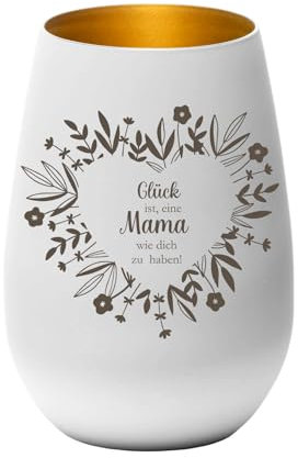 Windlicht Glück ist, eine Mama wie Dich zu haben! | Geschenk für Mama | Muttertag | Geburtstagsgeschenk für Mama | Muttertagsgeschenk | Teelichthalter | 12 x 8,5 cm Pohmer Design (Weiß-Gold)