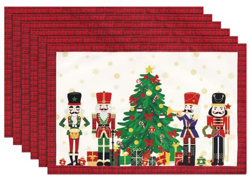Arquiel Platzset 6er Set, Tischsets Weihnachten Rot Nussknacker Winter Weihnachtsbaum Doppelschicht Dicker Abwischbar Hitzebeständige Weihnachts Placemats für Esstisch Dekoration (33 * 48cm)