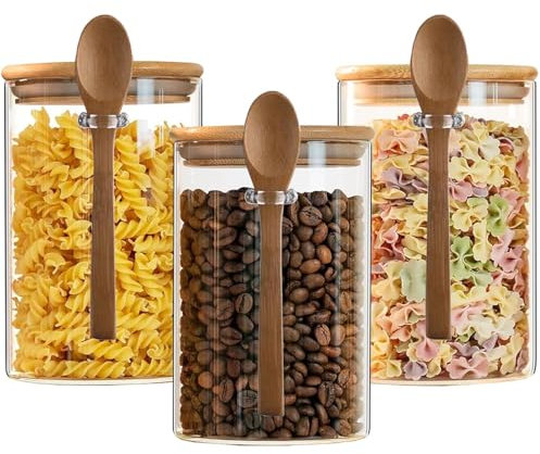 Hylruu Lot de 3 bocaux de conservation ronds en verre borosilicate avec couvercles et cuillère 1000 ml - Boîtes hermétiques pour aliments de cuisine - Boîtes cylindriques transparentes