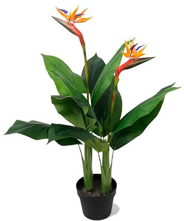 Strelitzie mit Blüte, Paradiesvogelblume, Kunstpflanze, Kunstbaum, künstliche Pflanze, Deko, im schwarzen Topf, sehr realistisch, Grün (90 cm - MN-KP-2209)