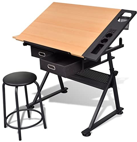 AJJHUUKI Büro-Arbeitstische, Kunst- und Zeichentische, zwei Schubladen, neigbarer Tisch, Zeichentisch mit Hocker