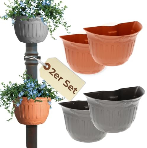 GarPet Blumentopf für Regenrohr 2er Set Wandtopf Wandblumentopf Regenrinne Fallrohr Säule Pfosten Abflussrohr Wand Pflanztopf Pflanzgefäß (Terracotta)