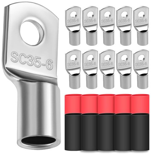 10 capicorda 35 mm², diametro foro M6, capicorda ad anello, in rame ispessito, non isolato, con 10 tubi termoretraibili 3: 1