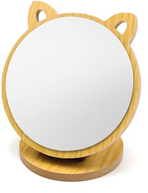 DEANKEJI Klappspiegel, Verstellbarer Winkel Kosmetik Spiegel, Katzenohrform Kinder Spiegel, Tisch Spiegel mit Holzsockel, für Schlafzimmer, Wohnzimmer, Badezimmer