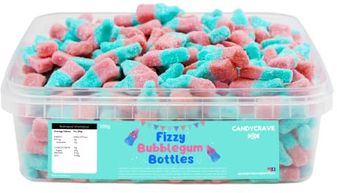 Candycrave Fizzy Bubblegum Bottles 600g Tub | Pink and Blue | Jelly Sweets | Fizzy Coating | Bottle Shaped | Perfect for Tuck Shops and Children's Treats