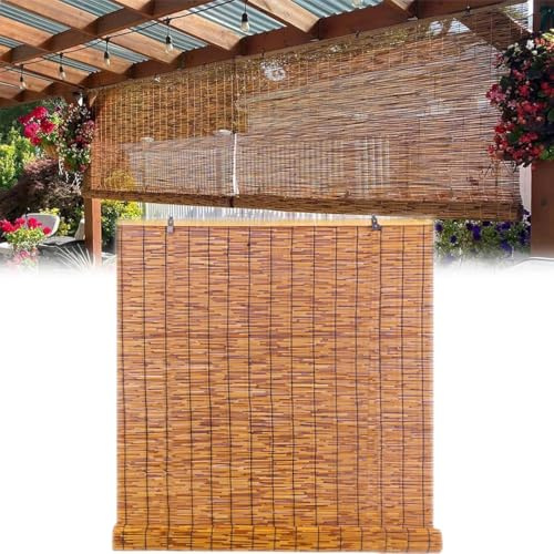 Holzlamellen Rollo Outdoor Jalousie Seitenzugrollo 45-150cm Breit Senkrechtmarkise Außen Mit Lifter Für Tür Fenster Terrasse Dach Beschattung Natur Raffrollo(85x150cm)
