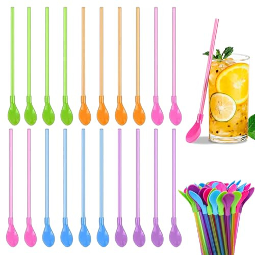Cucharas de paja reutilizables 20 unidades 2 en 1 agitadores y pajitas de plástico duradero 23 cm multicolor para batidos cócteles y bebidas frías