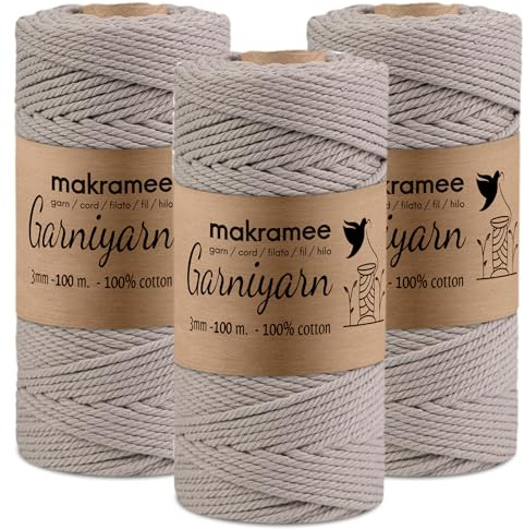 GARNIYARN Makramee Garn 3mm,100% Baumwolle, Simply Taupe, 300m | OEKO-TEX, 4-fach gezwirnte Baumwollkordel für Makramee-Wandbehang, Blumenampel, Pflanzenhänger, Traumfänger und DIY-Projekte