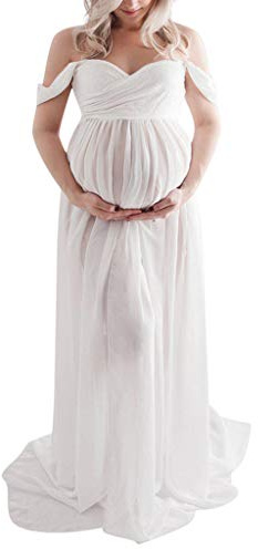 Femmes épaules dénudées femmes enceintes sexy photographie longue robe d'allaitement froncée, Blanc., L
