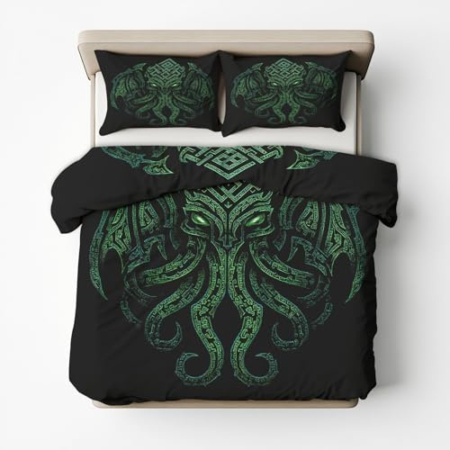 Generisch Mikrofaser Bettwäsche 135x200 Cthulhu 2tlg - Wikinger Krake Wendebettwäsche Deko, Weiche Bügelfreie Bettbezug mit Reißverschluss, 1 Kissenbezug 80x80 AD718