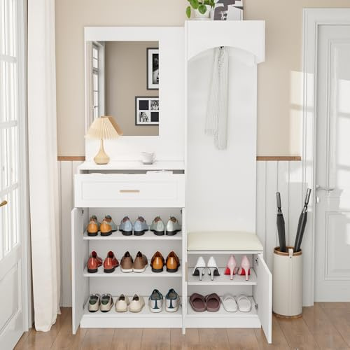 LAKFEW Juego de Perchero Moderno, Recibidores de Entrada con Espejo y Asiento, Conjunto de Perchero Entrada Recibidor Mueble Recibidor con Cajón y 3 Puertas, Percheros, 110x33x185.5 cm, Blanco