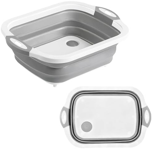 ARWIG Tazón de Lavado colapsable Multifuncional | Tazón Plegable de Lavado de tableros de Corte | Fregadero de Campamento para el Drenaje Lavar Las Verduras | Tazón Plegable para Acampar BBQ (Gris)