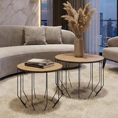 MCA 2er-Set Couchtisch HWC-P58, Beistelltisch Kaffeetisch Loungetisch, Industrial Metall Holz Eiche