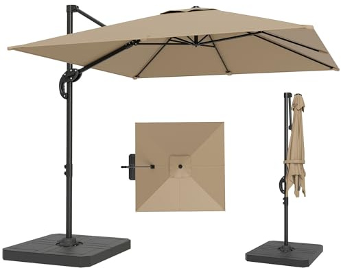 Outsunny Parasol déporté carré 2,4x2,4m avec pied et dalles lestage - parasol de jardin extérieur, mât aluminium et rotatif 360° par pédale - UV50+ et inclinaison 5 positions pour terrasse, kaki