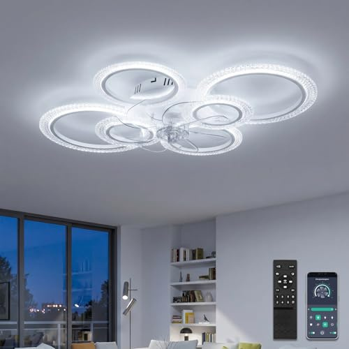 YUNLONG Deckenventilator mit Beleuchtung und Fernbedienung, 88cm LED Deckenleuchte Dimmbar mit Alexa/APP Steuerung, Leiser DC Motor mit Wintermodus, 6-Ring Kristall-Design, Weiß