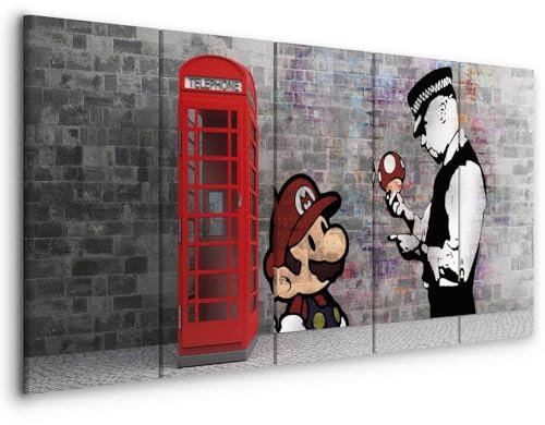 murando - Wandbilder XXL Banksy Mario 225x90 cm 5 tlg Bilder Leinwandbild Leinwand Wand Deko Bilder Wohnzimmer Bild Schlafzimmer Leinwandbilder Wandbild - London Street Art Urban Mural i-C-0104-b-m