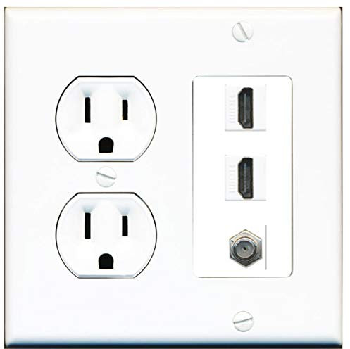 15 Amp Round Power Outlet 2 Port HDMI 1 Coax Cable-TV F-Type Wall Plate White