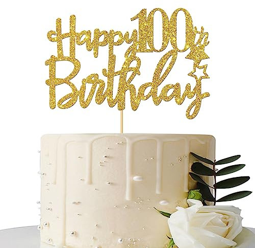 Gold Glitter Happy 100th Birthday Cake Topper,Hello 100, Cheers to 100 Years,100 & Fabulous Party Decoration