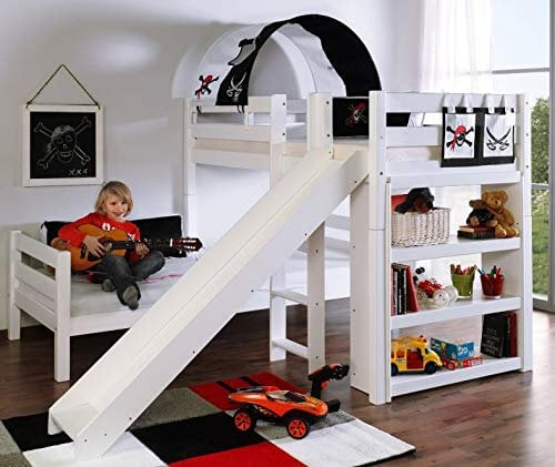 Froschkönig24 Etagenbett mit Rutsche Beni L Kinderbett Spielbett Bett Weiß Stoff Pirat, Matratzen Oben/unten:mit 2X Matratze