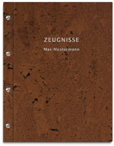 Personalisierte Zeugnismappe im dunklen Kork-Einband – 2-zeiliger Wunschtext als Prägung – 12 Hüllen für DIN-A4 Dokumente