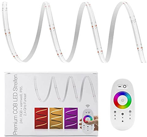 LED Universum COB LED Streifen Set RGB-W mit Funkfernbedienung weiß, Controller & Netzteil Band Strip Premium Filament 24V LED Streifen IP65 RGB-WW bunt (3 Meter)