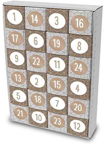 itenga Adventskalender zum Füllen aus Karton 41,5x28cm 24 Schachteln zum Befüllen Würfel Form 6,5x6,5cm beige weiß mit Zahlenstickern