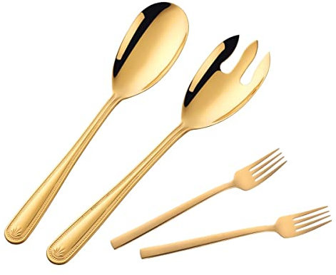 TUPMFG 30 cm Edelstahl Salatbesteck, Gold Salatlöffel & Salatgabel mit 2 Gabeln, Salat Besteck Set für Zuhause & Camping, spülmaschinenfest