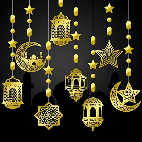 Zonon 24 Stück Ramadan Girlanden Eid Girlande Dekoration Ramadan Mubarak Party Banner Stern Mond Laternen Girlande Hintergrund Glänzende Hängende Wanddeko für Haus Hochzeit Islam Party (Gold)