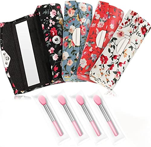 Lippenstiftbox mit Spiegel, 4 Stück Lippenstiftetui mit Spiegel Mit 4 Stück Silikon Lippenpinsel, Makeup und Schmuck Aufbewahrungsbox aus mit Taschenspiegel, Lippenstift Organizer - Retro Druck