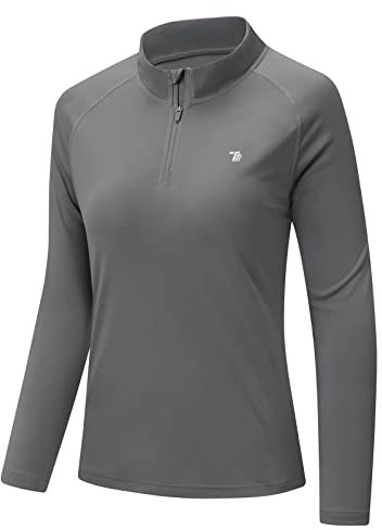 donhobo Damen Sport T-Shirt Running Fitness Shirts Langarm Oberteile Yoga Gym Crop Top Leicht Trainingsshirt Sportshirt mit 1/4 Reißverschluss (Dunkelgrau, XL)