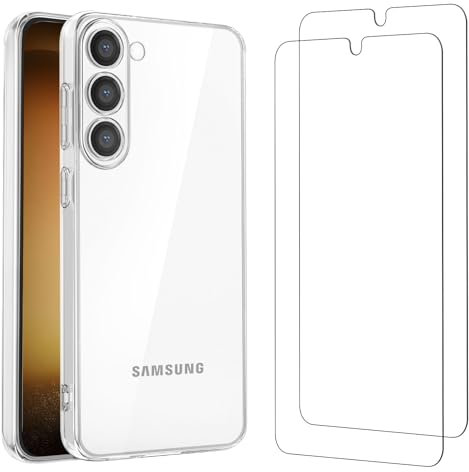 NEW'C Cover per Samsung Galaxy S23 Gel TPU in silicone ultra trasparente e 2 × vetro temperato per Samsung Galaxy S23 Cristal templado