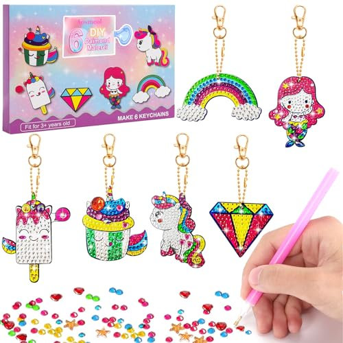 Aosmeol Diamond Painting Set für Kinder - 6 Stück 5D Schlüsselanhänger, DIY Einhorn Diamant Anhänger Ornamente, Bilder, Basteln Mädchen 6 8 10 Jahre Geschenke
