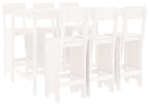 vidaXL Gartenbar Set 7-TLG., Sitzgruppe mit 1 Gartentisch 6 Barhocker, Garnitur mit Rückenlehne Fußstütze, Terrasse Bar Set Gartenmöbel, Weiß Massivholz Kiefer