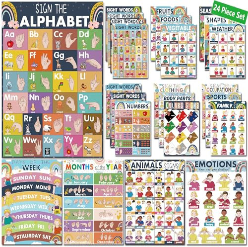 YIYDONG 24 Boho-Poster in amerikanischer Gebärdensprache für Kinder, Gebärdensprache für Babys & Kleinkinder, ABC-Zeichensprache, ASL-Poster für Klassenzimmer-Dekor