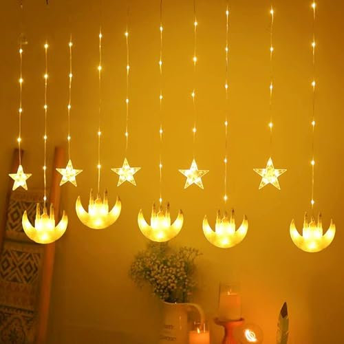 DAZZTIME Ramadan Lichterkette,100 LED Ramadan Licht Stern Mond Lichterketten,Stern Mond Lichterketten 3m,Lichterkette Batterie,Mit 8 Blinkenden Modi,Fernbedienung,für Ramadan,Party,Fenster.