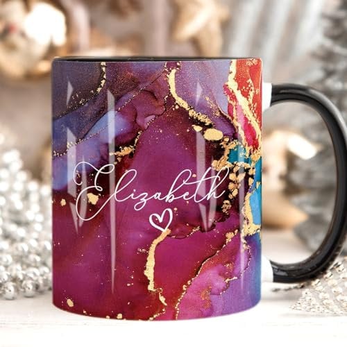 The Whistling Wren Personalised Mug with Name, Magenta Marble Coffee Cup, Personalised Marble Mug & Coaster Set