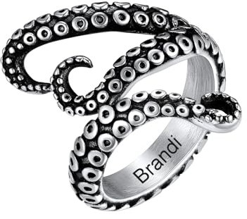 U7 Herren Edelstahl Fingerring Punk Silber Siegelring Wikinger Oktopus Ring mit Gravur Vintage Deep Sea Tentakel Ring Statement Ring Fingerring Rockerring Bandring Personalisiert Schmuck für Jungen