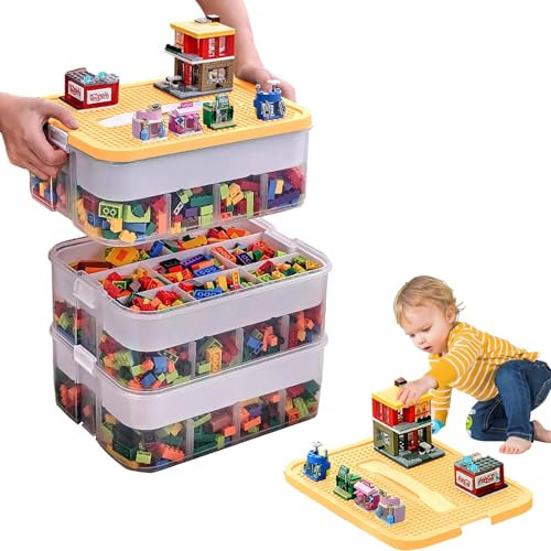 HAMON Kinder Aufbewahrungsbox mit Deckel, 3 Stufen Stapelboxen Transparent Bausteine Boxen Aufbewahrung Kunststoff Bausteine Aufbewahrungsboxen Trennbare Kinder Spielzeugkiste (Gelb)
