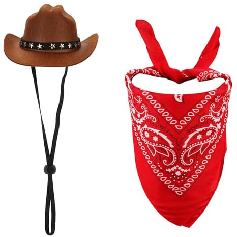 PEUTIER Cowboy-Kostüm für kleine Hunde und Katzen, Braun & Rot, Hut & Halstuch, Retro, Halloween