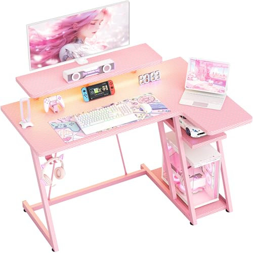 HOMIDEC Gaming Desk with LED Lights, 100CM Computer Desk with Monitor Stand, L Shaped Corner Desks with Headphone Hook and Shelves for Gaming Room, Bedroom, Office, Pink