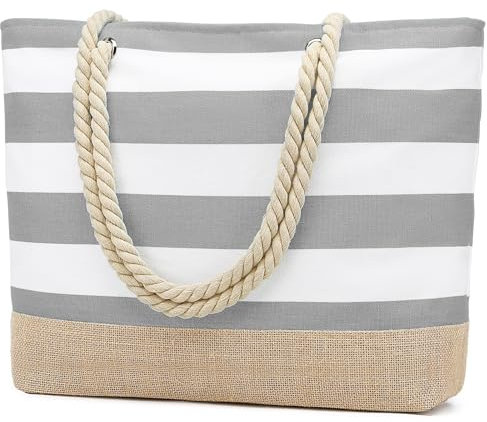 oscaurt Strandtasche XXL Familie Shopper Tasche Damen Badetasche Wasserdicht Umhängetasche Beach Tote Bag mit Reißverschluss Faltbare Reisetasche Sporttasche Travel Bag (Hellgrau)