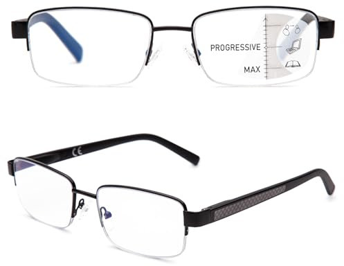 Amorays Multifokale Lesebrille gleitsichtbrille Blaulichtfilter Halbrandfassung aus Metall für klare Sicht bei Nah- Mittel- und Fernsicht - Komfortabel und langlebig (Schwarz, 2.5, x)